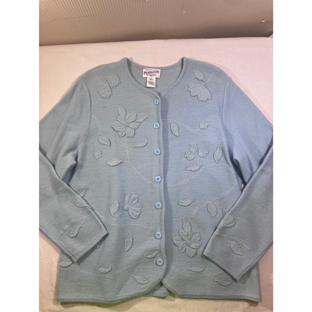 Pendleton Blue‎ 100% Merino Wool Floral Embroidered Beaded Cardigan Sweater 1X